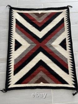 Vintage Navajo Bold Geometric Design Rug 34.5 In X 26.5 withWood Hangers On Back