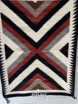 Vintage Navajo Bold Geometric Design Rug 34.5 In X 26.5 withWood Hangers On Back