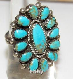 Vintage Navajo Cluster Ring Sz 8 Sterling Silver Blue Gem Mine Turquoise Native