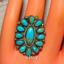 Vintage Navajo Cluster Ring Sz 8 Sterling Silver Blue Gem Mine Turquoise Native