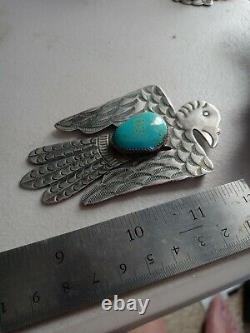 Vintage Navajo Fred Harvey Sterling Silver Turquoise Thunderbird Pin Brooch 3.5
