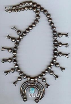 Vintage Navajo Indian Silver Squash Blossom & Spiderweb Turquoise Naja Necklace