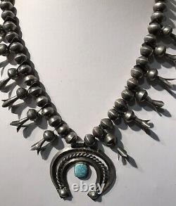 Vintage Navajo Indian Silver Squash Blossom & Spiderweb Turquoise Naja Necklace