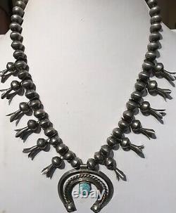 Vintage Navajo Indian Silver Squash Blossom & Spiderweb Turquoise Naja Necklace