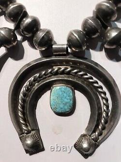 Vintage Navajo Indian Silver Squash Blossom & Spiderweb Turquoise Naja Necklace