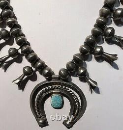 Vintage Navajo Indian Silver Squash Blossom & Spiderweb Turquoise Naja Necklace