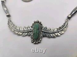 Vintage Navajo Native American Necklace Sterling Silver Turquoise Bench Leaves