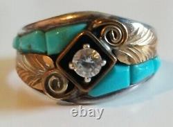 Vintage Navajo Native American Signed Sterling S Ray Turquoise Cz Ring S10