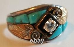 Vintage Navajo Native American Signed Sterling S Ray Turquoise Cz Ring S10