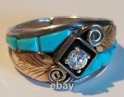 Vintage Navajo Native American Signed Sterling S Ray Turquoise Cz Ring S10