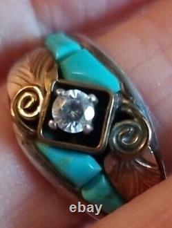 Vintage Navajo Native American Signed Sterling S Ray Turquoise Cz Ring S10