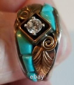 Vintage Navajo Native American Signed Sterling S Ray Turquoise Cz Ring S10