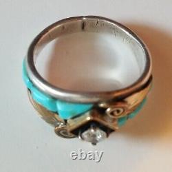 Vintage Navajo Native American Signed Sterling S Ray Turquoise Cz Ring S10
