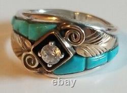Vintage Navajo Native American Signed Sterling S Ray Turquoise Cz Ring S10