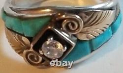 Vintage Navajo Native American Signed Sterling S Ray Turquoise Cz Ring S10