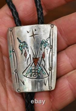 Vintage Navajo Peyote Bolo Tie by James Shay Turquoise, Coral & Sterling Silver
