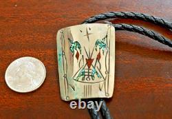 Vintage Navajo Peyote Bolo Tie by James Shay Turquoise, Coral & Sterling Silver