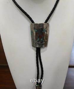 Vintage Navajo Peyote Bolo Tie by James Shay Turquoise, Coral & Sterling Silver