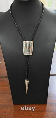 Vintage Navajo Peyote Bolo Tie by James Shay Turquoise, Coral & Sterling Silver