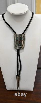 Vintage Navajo Peyote Bolo Tie by James Shay Turquoise, Coral & Sterling Silver