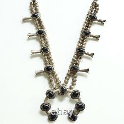 Vintage Navajo SMALL Black Onyx Squash Blossom Necklace Signed RS Sterling 20 In
