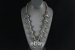 Vintage Navajo Sterling GEM Grade BISBEE TURQUOISE SQUASH BLOSSOM NECKLACE 1950s