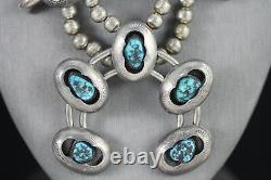 Vintage Navajo Sterling GEM Grade BISBEE TURQUOISE SQUASH BLOSSOM NECKLACE 1950s