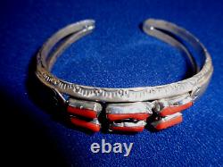 Vintage Navajo Sterling Silver & Coral Cuff Bracelet Native American Hand Made