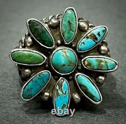 Vintage Navajo Sterling Silver Raised Turquoise Cluster Flower Ring UNIQUE