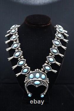 Vintage Navajo Sterling Silver & Turquoise Squash Blossom Necklace