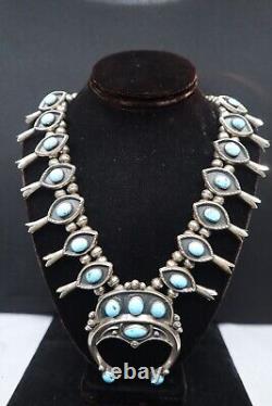 Vintage Navajo Sterling Silver & Turquoise Squash Blossom Necklace