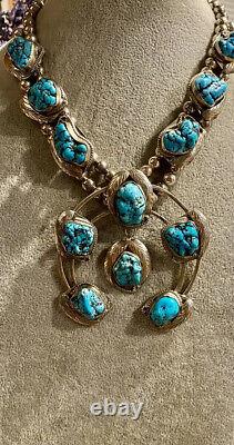Vintage Navajo Sterling Silver Turquoise Squash Blossom Necklace 199 Grams