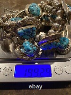 Vintage Navajo Sterling Silver Turquoise Squash Blossom Necklace 199 Grams