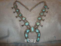 Vintage Navajo Sterling Silver Turquoise Squash Blossom Necklace Heavy Stunning