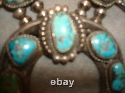 Vintage Navajo Sterling Silver Turquoise Squash Blossom Necklace Heavy Stunning