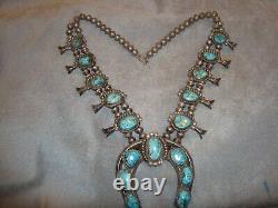 Vintage Navajo Sterling Silver Turquoise Squash Blossom Necklace Heavy Stunning