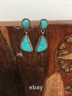 Vintage Navajo Two Stone Turquoise Rope Style Earrings Sterling925 Marked CJ