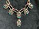 Vintage Old Pawn Navajo Silver Coral And Turquoise Squash Blossom Necklace