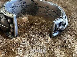 Vintage Rare Heavy Navajo Sterling Silver Feather Bracelet Handmade Signed