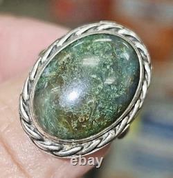 Vintage Rare Navajo WP Moss Agate Bird Leaf Insc Underside Motif One Off Size 6