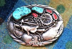 Vintage SQUASH BLOSSOM + TURQUOISE + CORAL sterling belt buckle Navajo signed