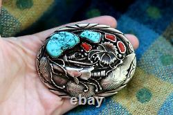 Vintage SQUASH BLOSSOM + TURQUOISE + CORAL sterling belt buckle Navajo signed