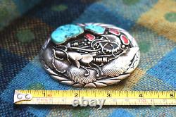 Vintage SQUASH BLOSSOM + TURQUOISE + CORAL sterling belt buckle Navajo signed