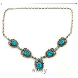 Vintage Signed MP Sterling Silver Native American Navajo Turquoise Necklace- Dat