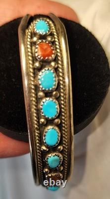 Vintage, Signed& Numbered, 925 Turquoise & Coral Cuff Bracelet Navajo-Style