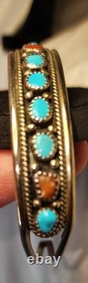 Vintage, Signed& Numbered, 925 Turquoise & Coral Cuff Bracelet Navajo-Style