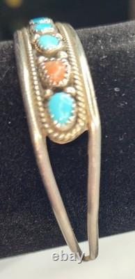 Vintage, Signed& Numbered, 925 Turquoise & Coral Cuff Bracelet Navajo-Style