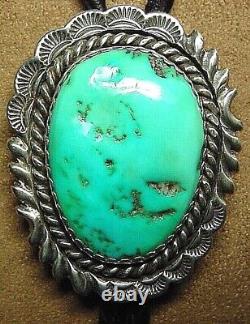 Vintage Signed Old Pawn Navajo Sterling Silver Large Natural Turquoise Bolo Tie