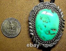 Vintage Signed Old Pawn Navajo Sterling Silver Large Natural Turquoise Bolo Tie