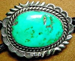 Vintage Signed Old Pawn Navajo Sterling Silver Large Natural Turquoise Bolo Tie